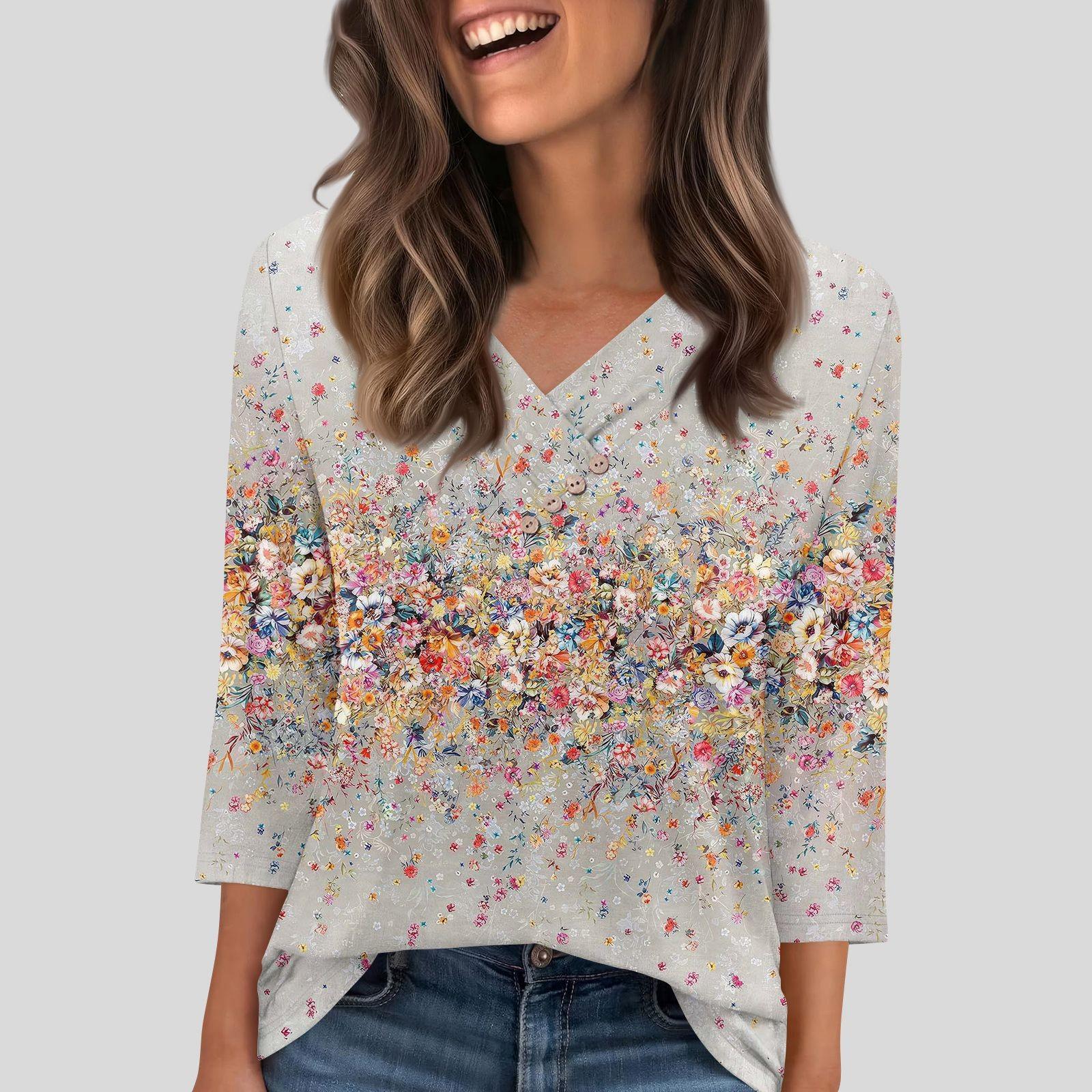 

Женская футболка, футболка, пуговица, рукав 3/4, туника, повседневная, для выходных, модная, базовая, с V-образным вырезом, обычный топ XL