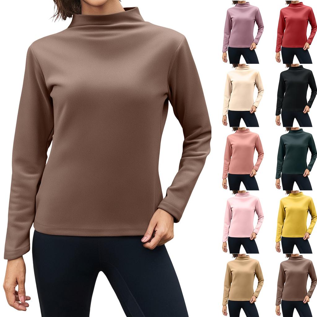 Women's Thick Fleece Base Shirt With Warm Inner Layer And Seamless Long Sleeved T-shirt Half High Neck Top
