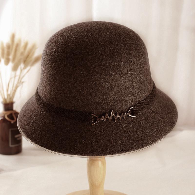 New button noble hat women's British retro dome basin hat autumn and winter short brim old wool top hat