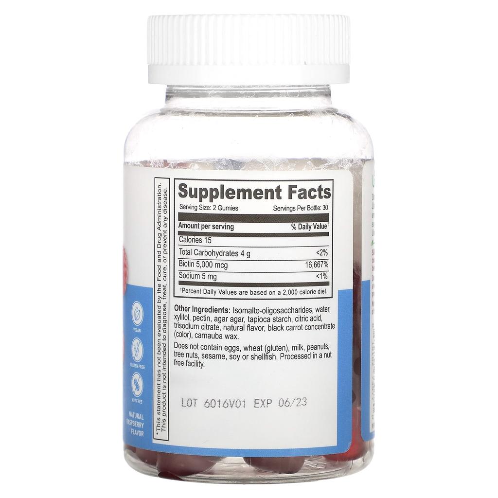 Lifeable, biotin gummies, sugar-free, natural raspberry, 5,000 mcg, 60 gummies (2,500 mcg per gummy)
