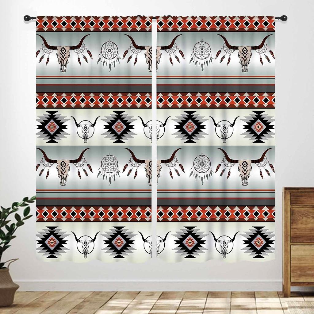 Western Cow Skull Curta,Beige Southwestern Bohemian Geometric Pattern Native Aztec Longhorn Head Cowboy Farmhouse Country