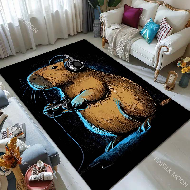 1PC Capybara gaming with headphones Carpet for Living Room Bedroom Sofa Home Decor Rus Non-slip Floor Mat Luxury Gift