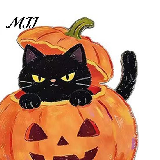 Halloween Wooden Table Decorations Ghost And Pumpkin Black Cat Ornaments, Retro Solid Wood Seasonal Accents Cartoon Tabletop Centerpiece for