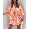 Vestito Corto da Donna con Stampa Foglie Tropicali Maniche Corte a Pipistrello Scollo a V Vita con Coulisse Casual da Vacanza Mini Abito
