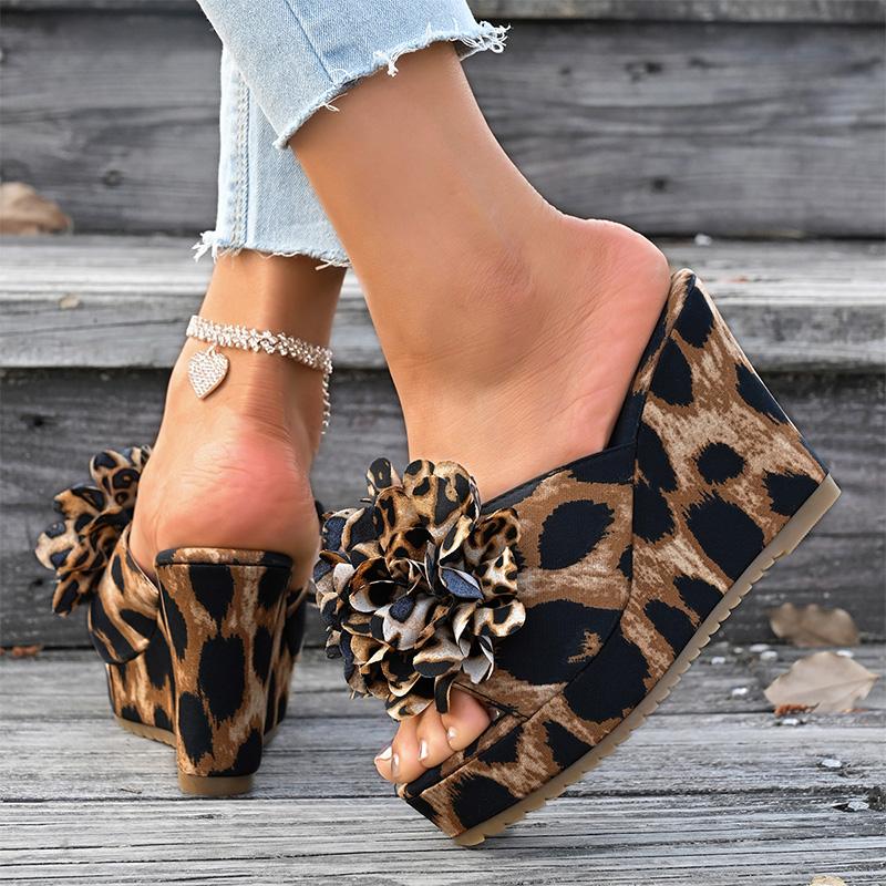 Flower Decor Wedges Sandals for Women Fashion Leopard Chunky Platform Party Slippers Woman Plus Size Thick Sole Non Slip Sandals