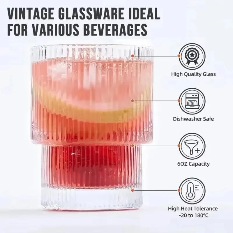 Vintage Ribbed Glassware Set Household Transparent Iced Coffee Glasses Cocktail Juice Cups Whiskey Tumbler Durable Bar Drinkware