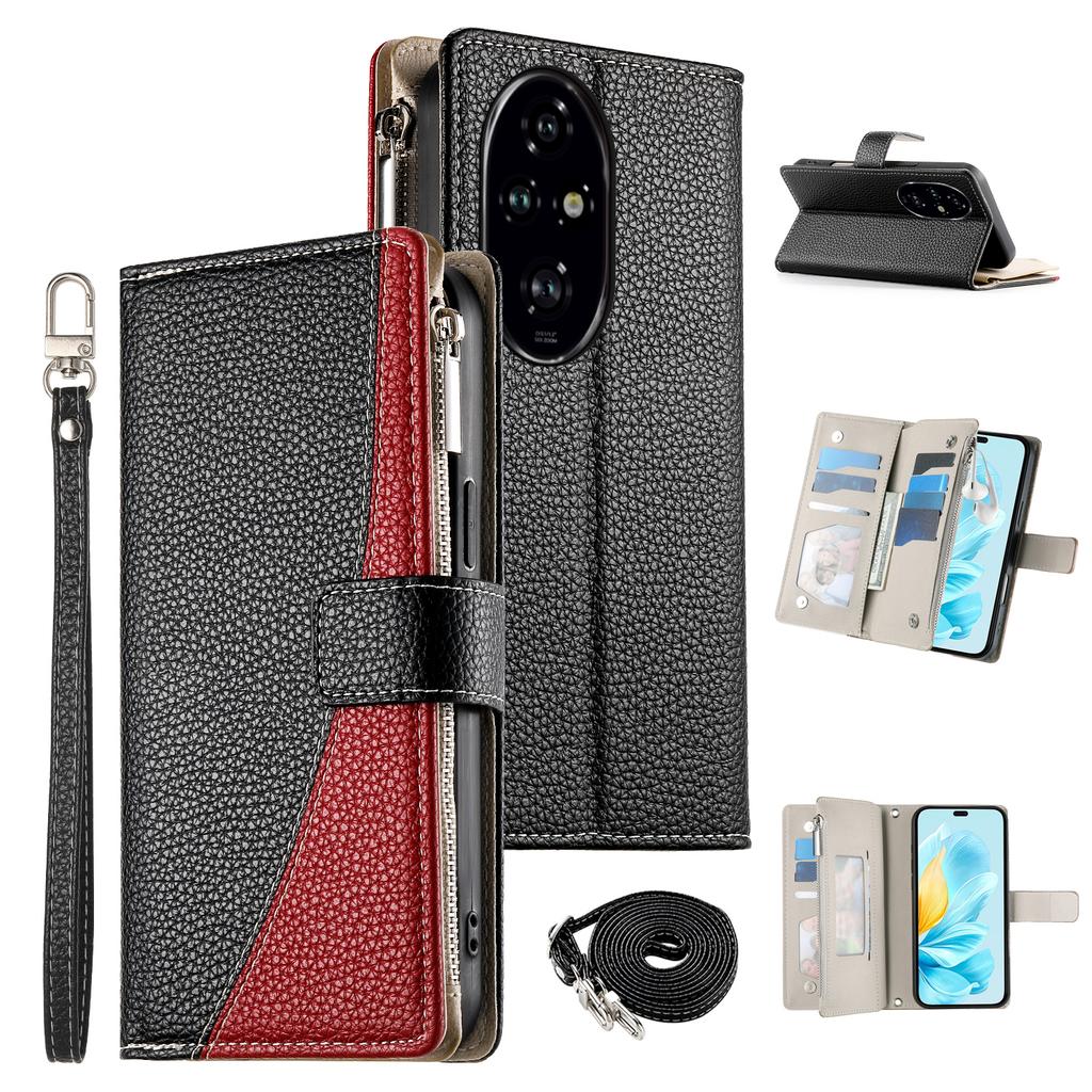 For Honor 200 Pro 5G Case Zipper Wallet Color Splicing Leather Flip Phone Cover with Straps