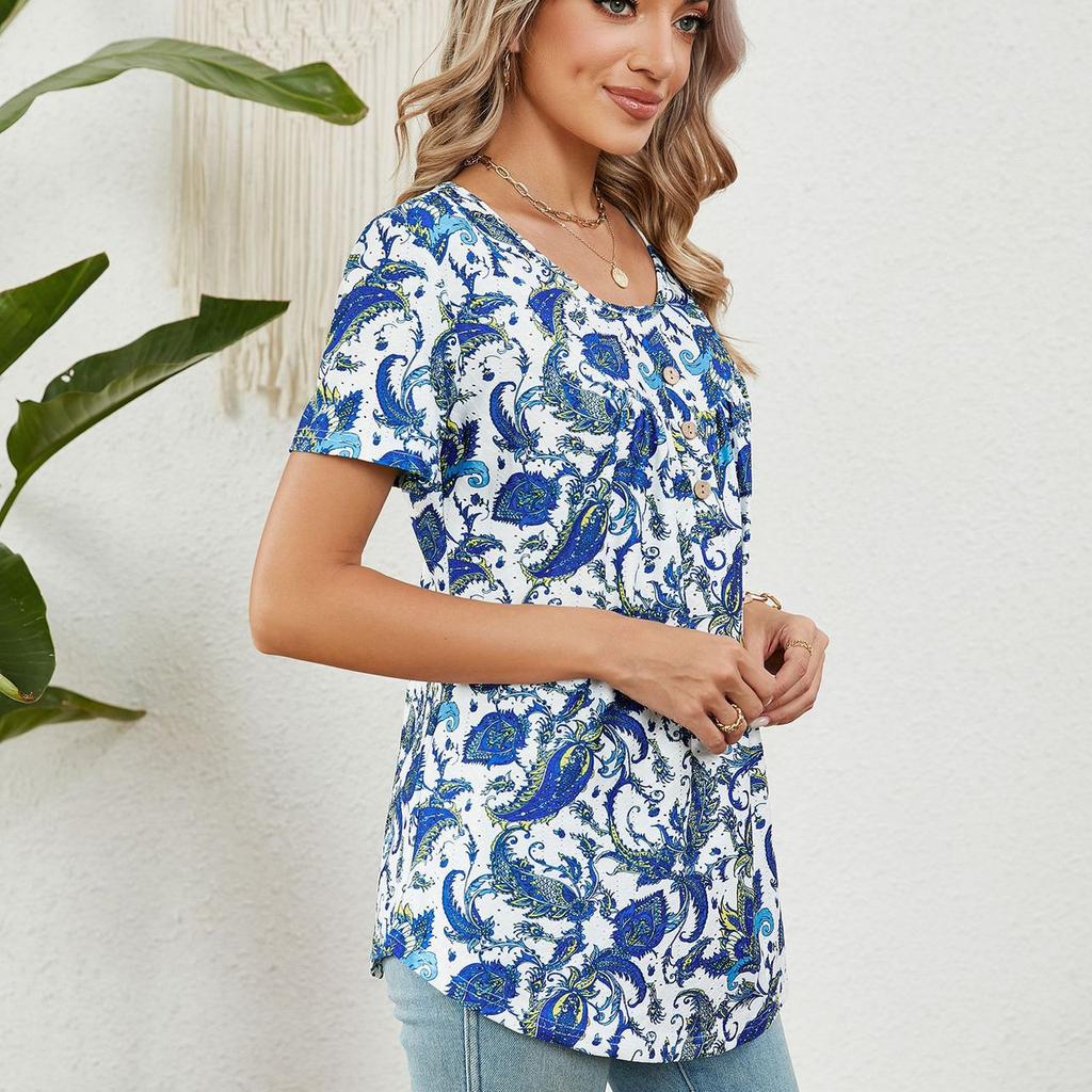 Letni damski T-shirt ze sznurkiem, guzikiem, luźny, z nadrukiem, jaskółczy ogon, krótki rękaw