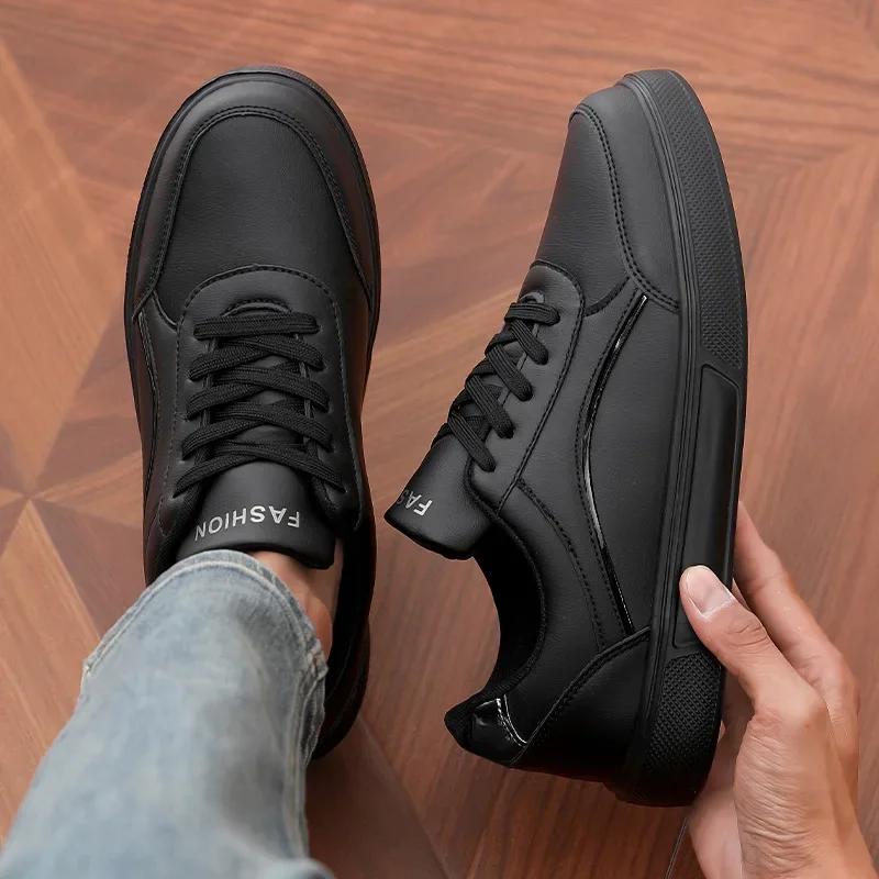 Men's Casual Black Sneakers Fashionable Lightweight Comfortable Non Slip Shoes Minimalist Design PU Leathe Skate Shoes for Men