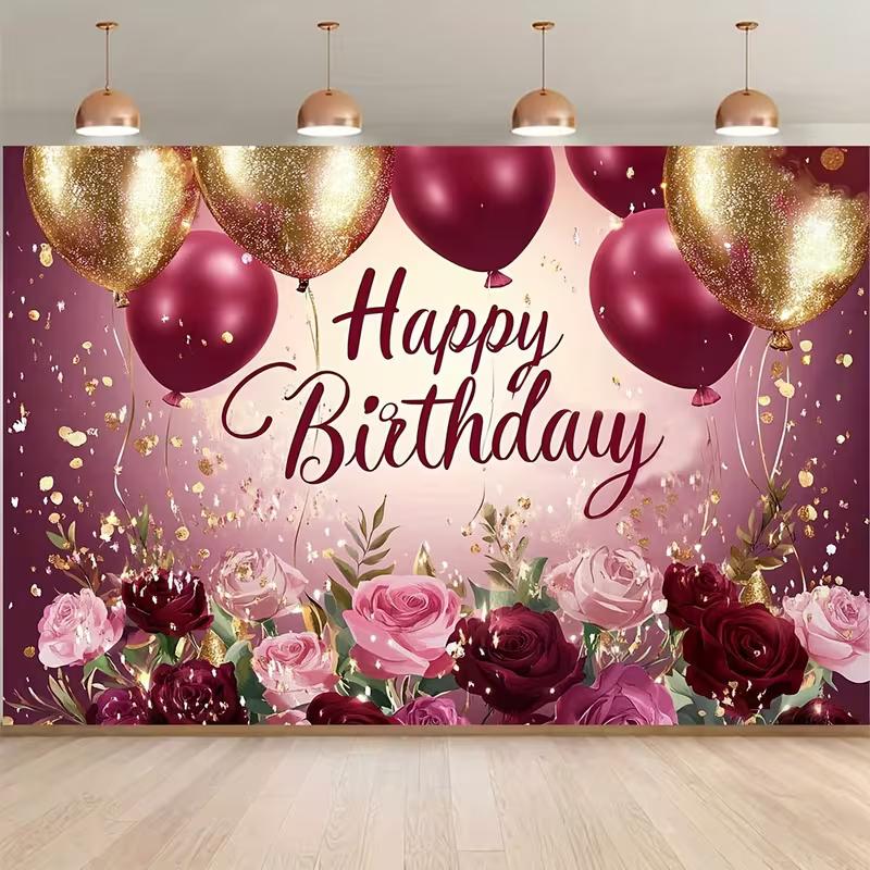 Striscione Fotografico Sfondo Buon Compleanno Rosa Elegante Color Borgogna Rosa