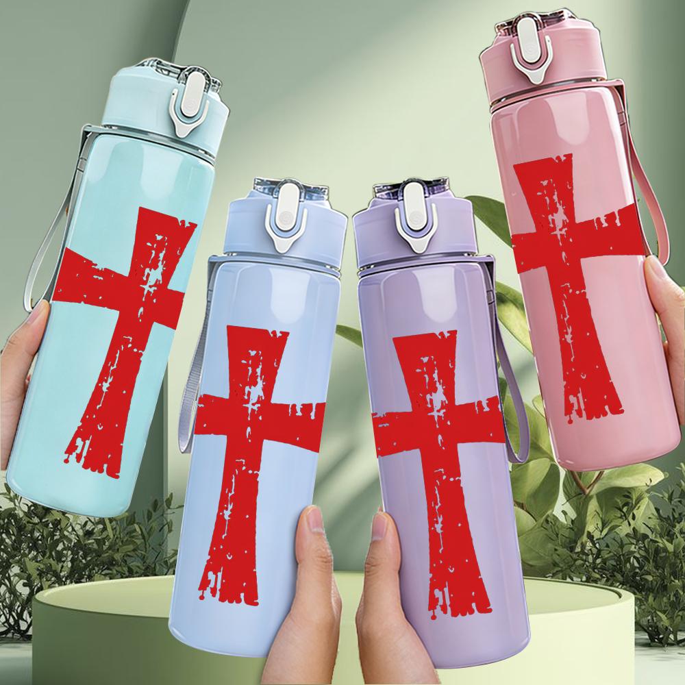 1PC Red Wooden Cross Minimalist Vintage Print 750ml Portable Sports Water Bottle Leakproof Gym Outdoor Travel Drink Cup