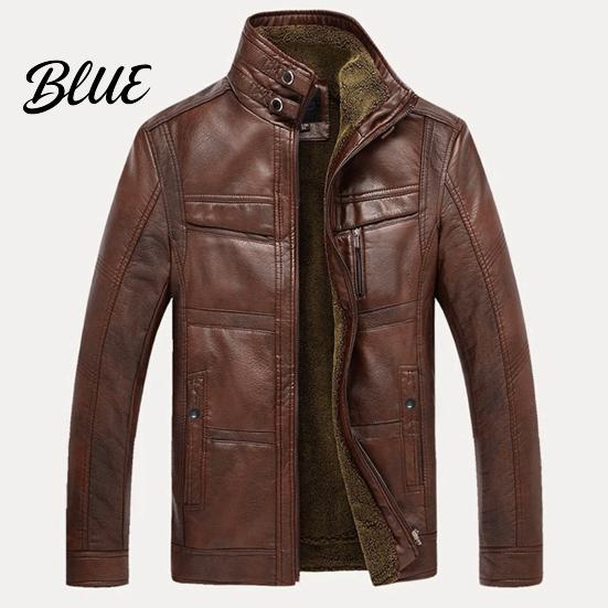 Men Long Sleeve Short Jacket Fleece Lined Faux Leather Stand Collar Zip Warm