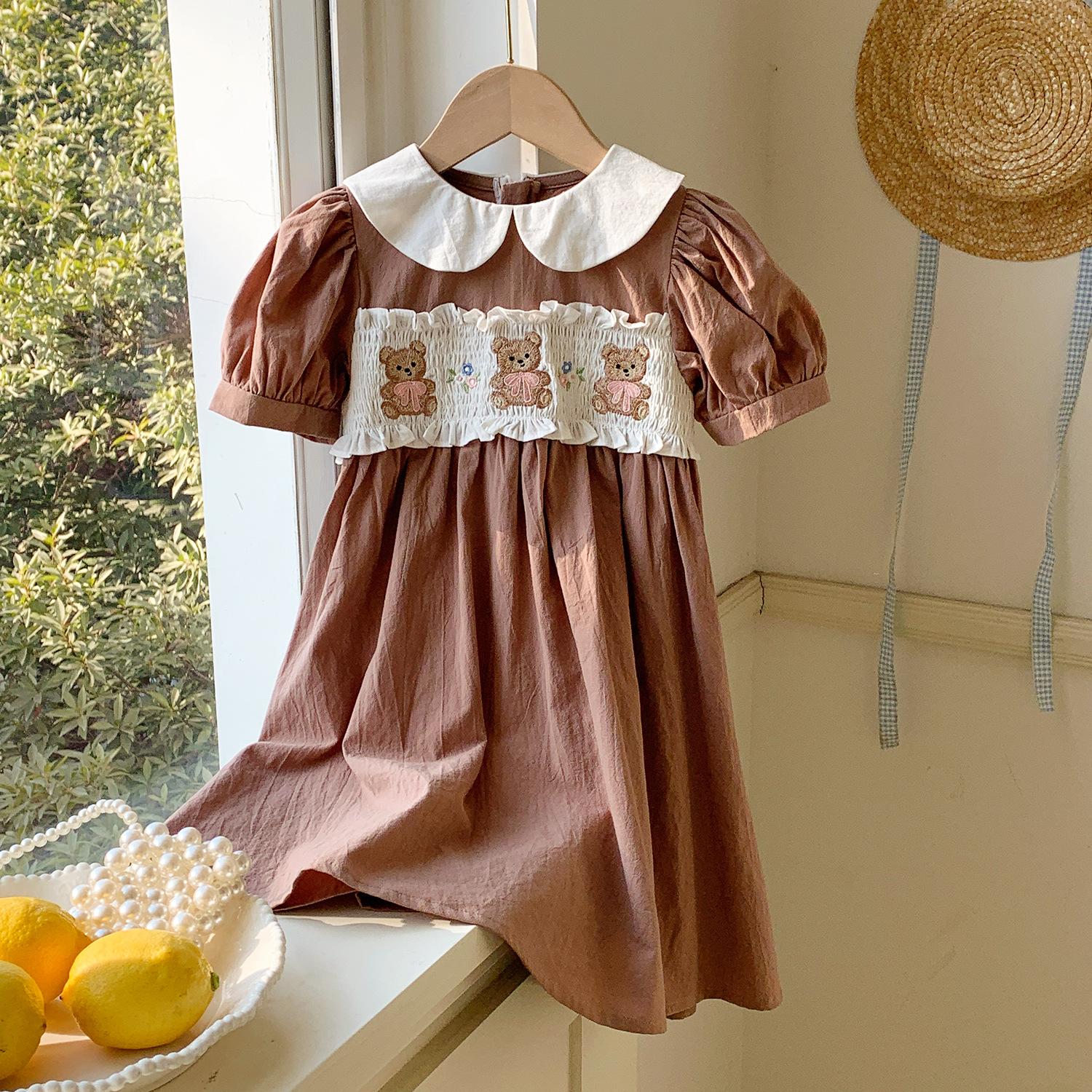 Girls Summer Brown Bear Embroidered Peter Pan Collar Short Sleeve Dress Sweet Baby Dress 90cm