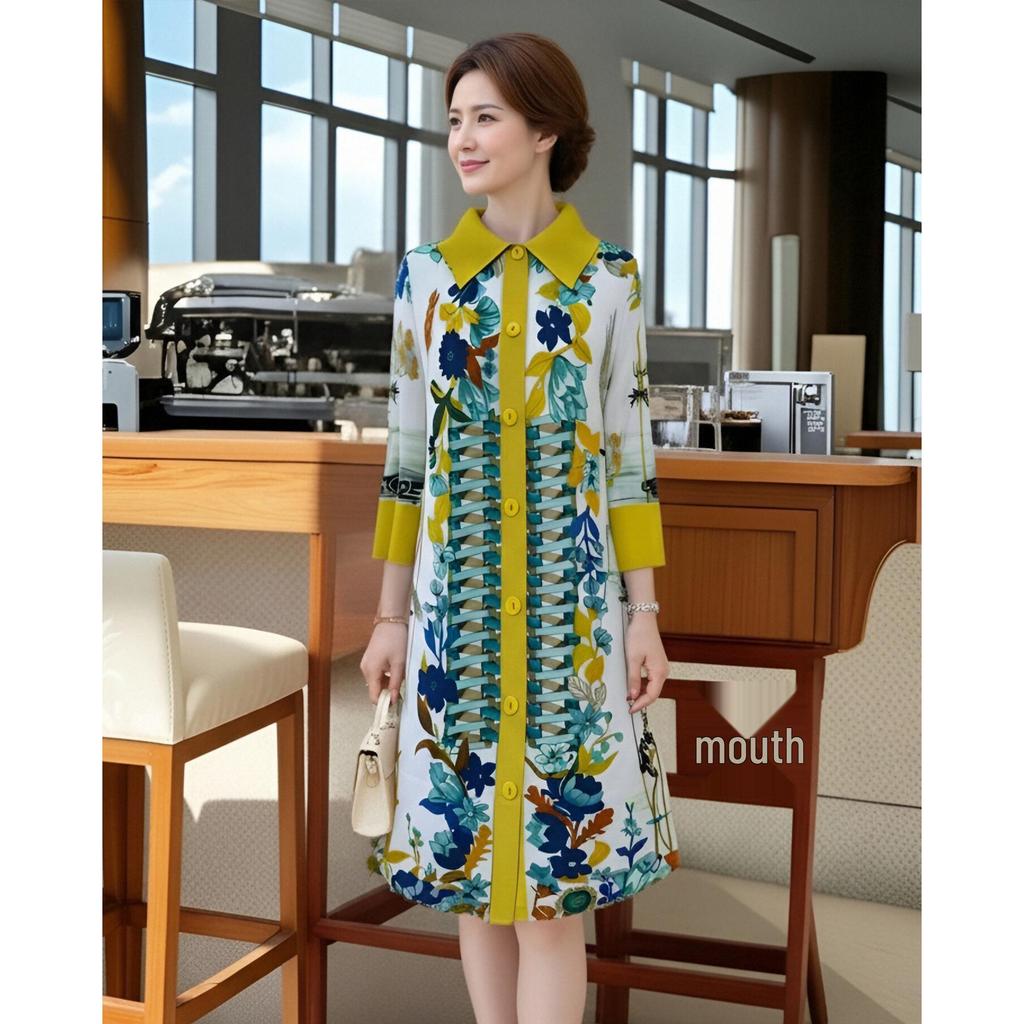 Spring 2026 Retro-Print Dress & Cardigan Set - Age-Reducing, Loose Fit, Plus Size Skirt
