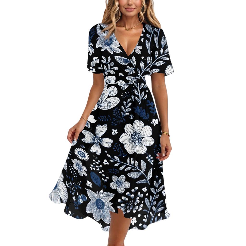 Womens Summer V Neck Short Sleeve A Line Midi Dress Floral Print Flowy Casual Vacation Sundress with Pockets S to 2XL