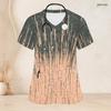 Women Plus Size Grey Beige Abstract Printed Scrub Top V Neck Short Sleeve Front Pockets