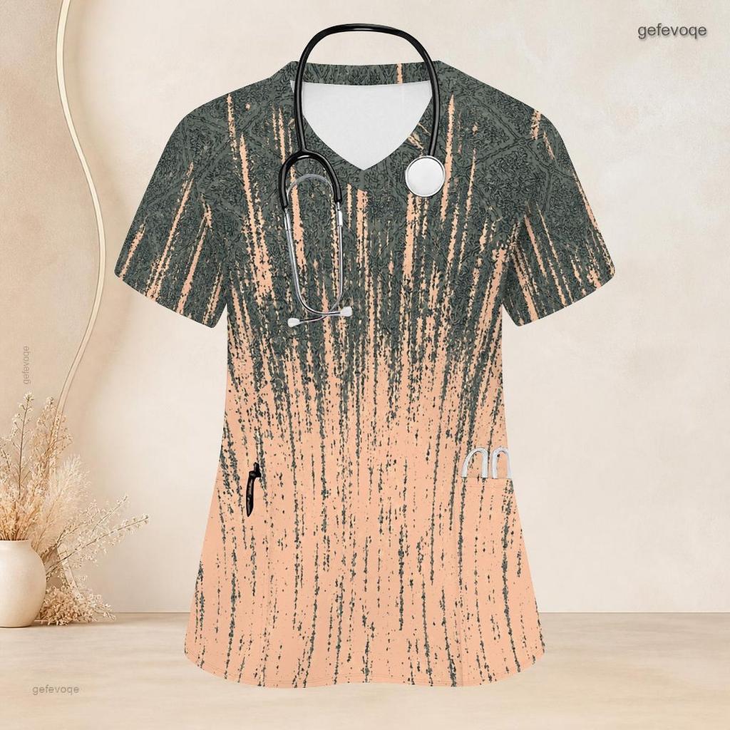 Women Plus Size Grey Beige Abstract Printed Scrub Top V Neck Short Sleeve Front Pockets