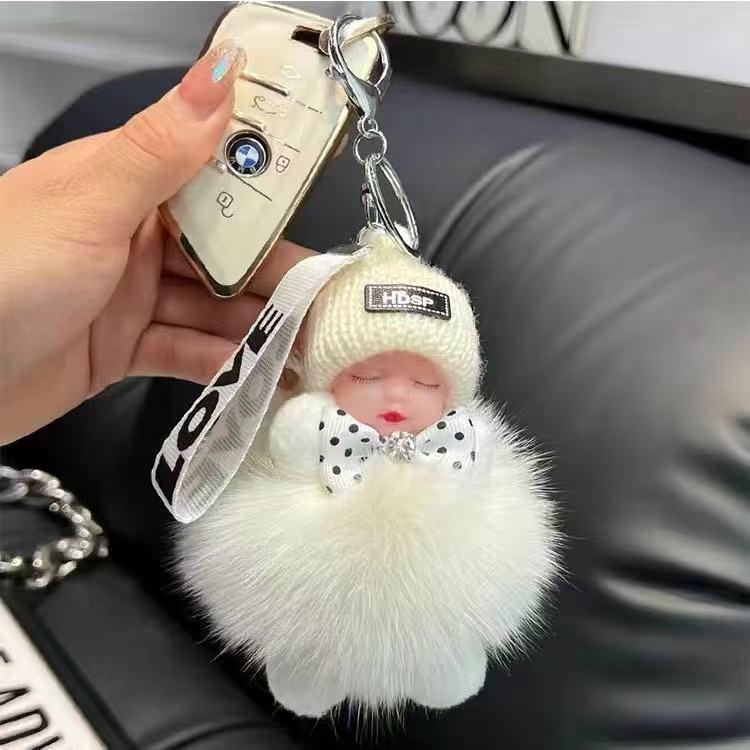 Genuine Fox Fur Sleep Doll Keychain Plush Pom-Pom Accessory