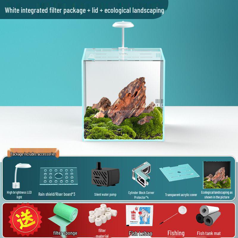 Compact Ultra-White Glass Fish Tank with Back Filter - Minimal Maintenance Desktop Aquarium for Goldfish