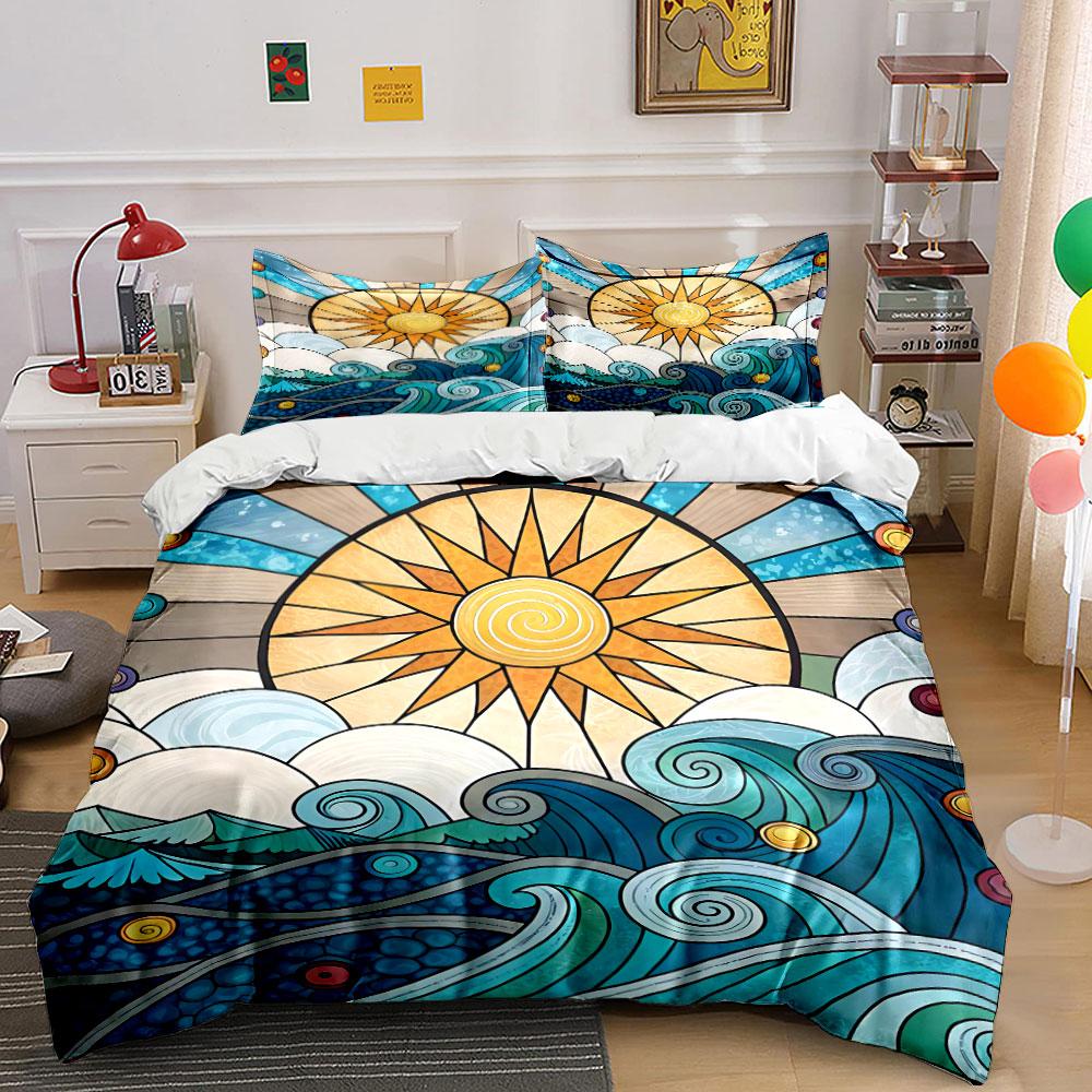 Sunburst and Ocean Waves Design Bedding Duvet Cover Set Duvet Cover Pillowcases (1 * Duvet Cover 2 * Pillowcases, Without Duvet Insert)