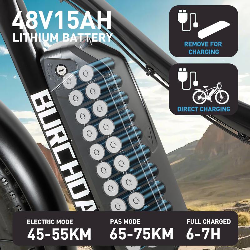 BURCHDA RX02 1500W 80km VTT Électrique 26" 48V 15Ah Batterie Lithium Pneus Larges VAE Pour Adultes