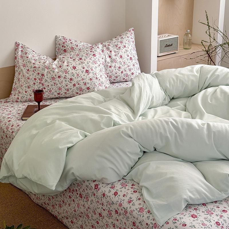 Spring And Summer Washed Cotton Contrast Color Bed Floating In Iceland Simple Style Four-piece Cotton Bed Sheet Quilt Cover