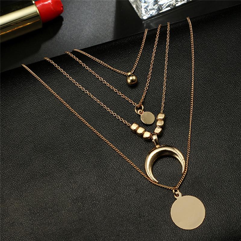 Multilayer Choker Horn Long Crescent Moon Pendant Necklace Chain Jewelry Women
