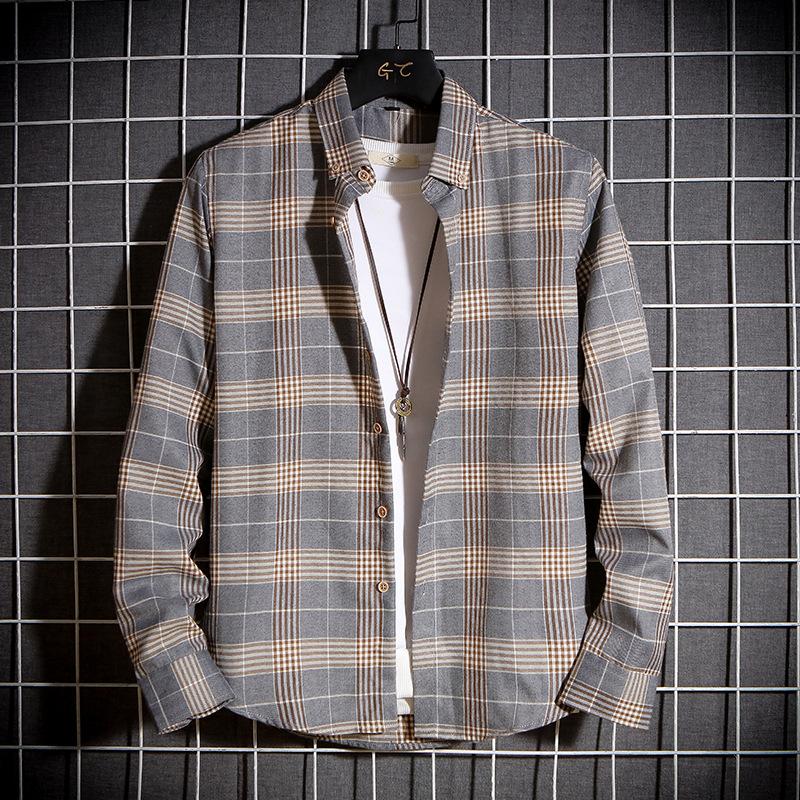 Men Fashion Plaid Long Sleeve Loose Casual Stand Collar Shirt