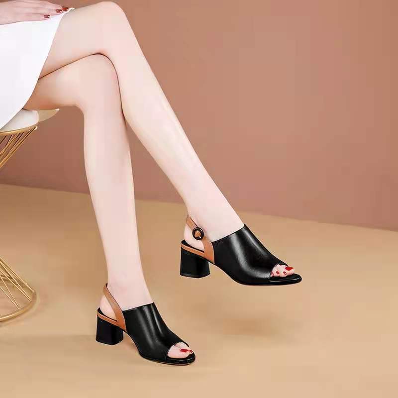 Sandals Summer New Leather High-heeled Real Soft Leather Thick Heel Large Size European and American Fish Mouth Fashion Sandals
