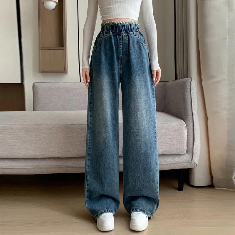 Dames lente en herfst losse hoge taille grote maten spijkerbroek retro rechte wijde pijpen broek