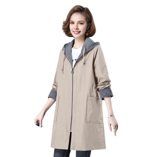 Spring Fall Women Jacket Hooded Long Sleeves Drawstring Plus Size Pockets Zipper Closure Windbreaker Mid Length Solid Color Big Pockets Windproof Warm