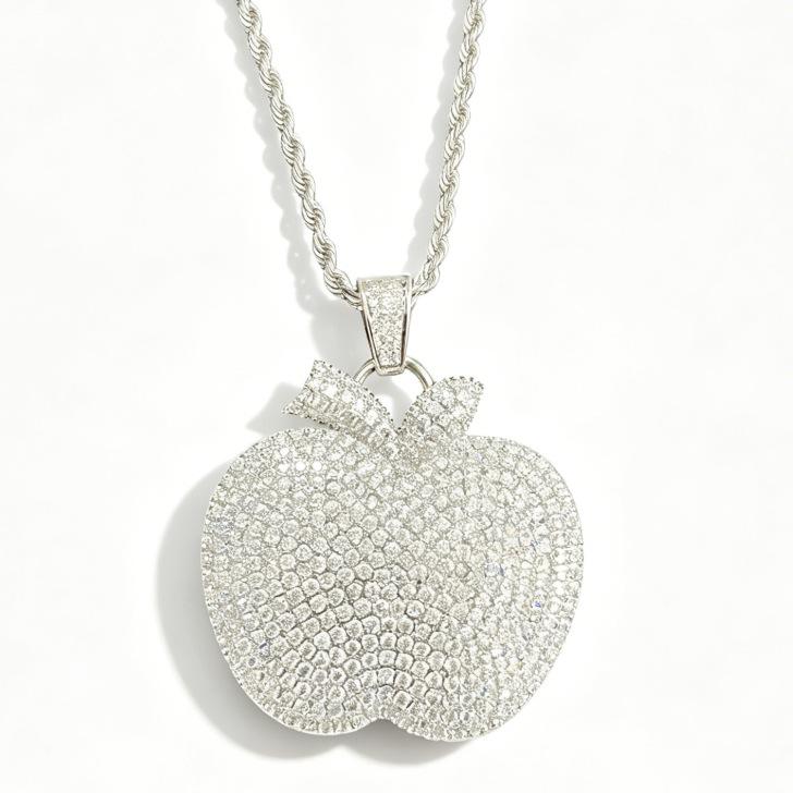 Hip Hop Copper Inlaid Zircon Full Diamond Apple Pendant, Trendy Versatile Necklace, Unisex Personalized Accessory