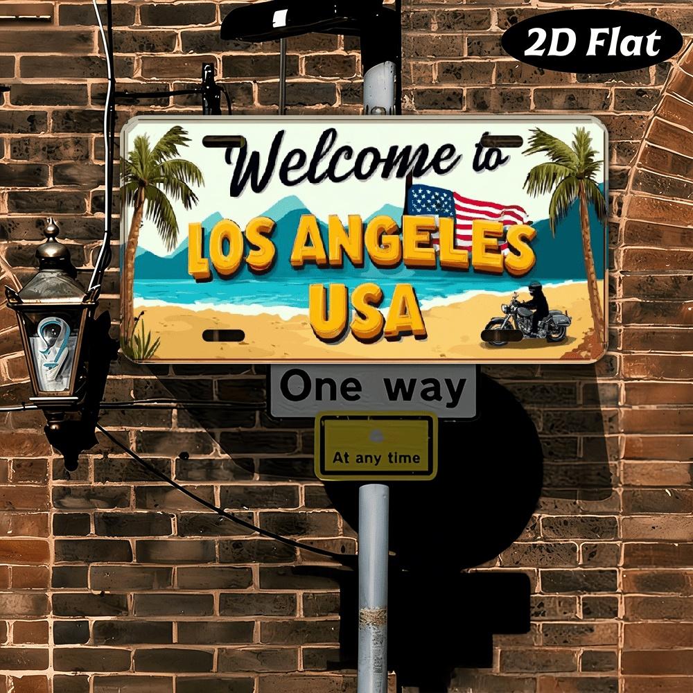 D Flat pc Vintage Los Angeles License Plate  Retro Metal Wall Decor with Palm Trees American Flag  HeavyDuty Sign for Home
