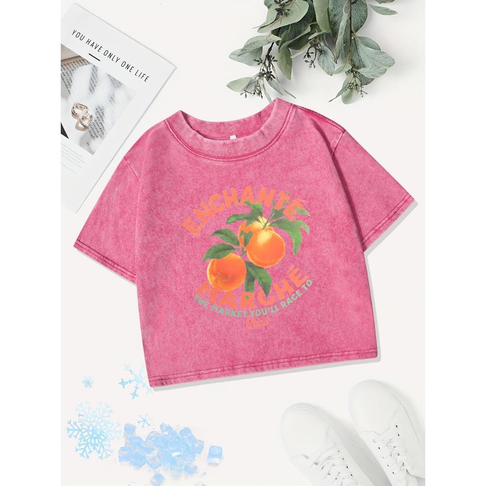 Casual Cotton Crop Tops Women Mature Oranges Printing Washed T-Shirts Street O-Neck Regular Fit Streetwear Clothes