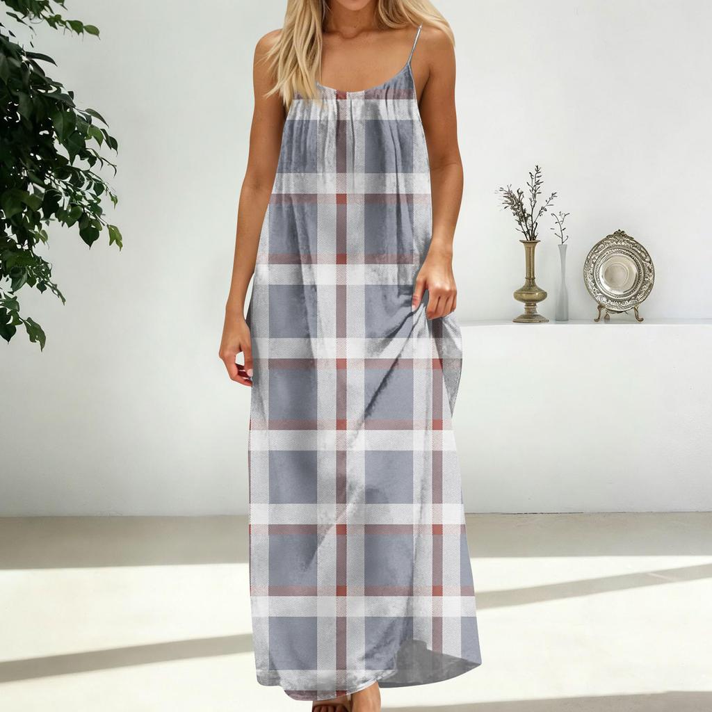 Women's Fashion Backless Spaghetti Strap Casual Loose-Fit Plaid Print Dress