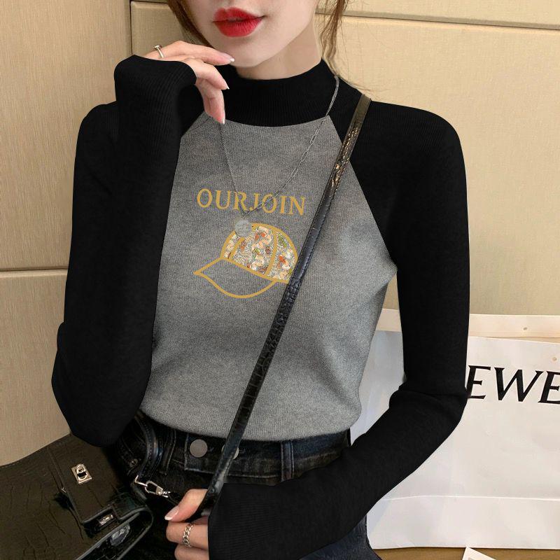 

German Velvet Chic Raglan Color Block Slimming Stand-up Collar Women’s Long Sleeve T-Shirt 2XL (130-145 jin)