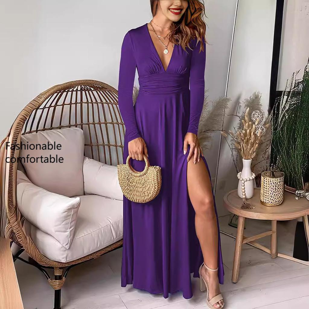 Sukienka damska z głębokim dekoltem w serek i długim rękawem, plisowana, z wysokim stanem i rozcięciem, na imprezę klubową