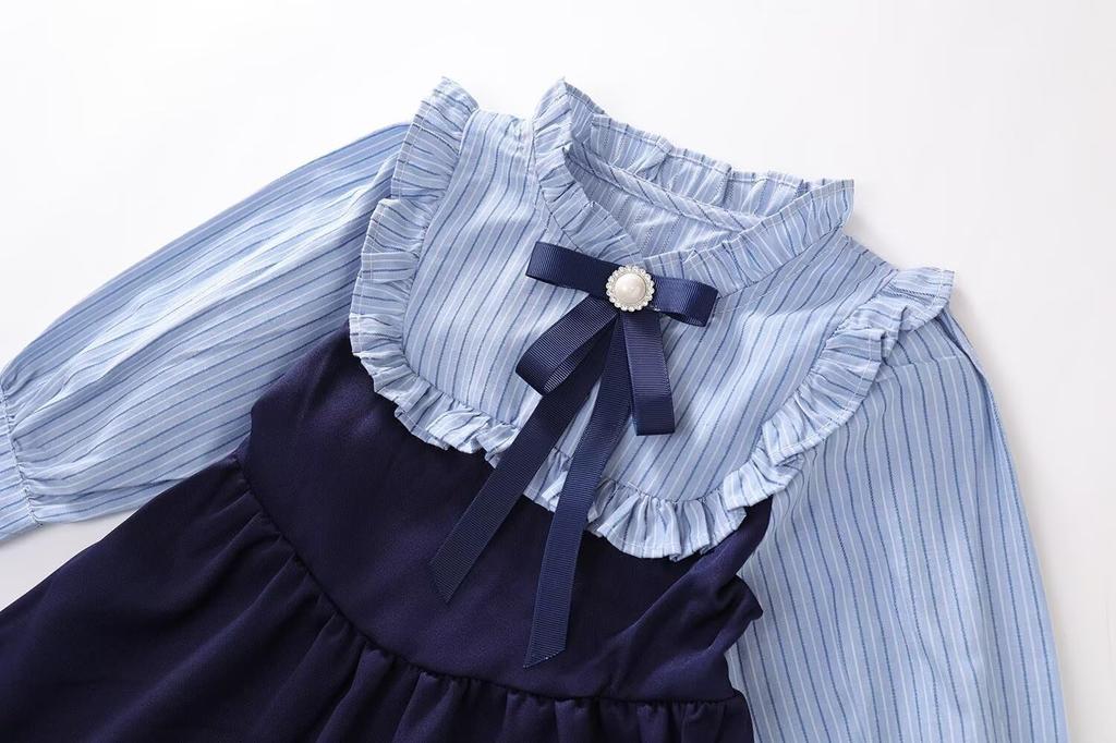 Kuhvvse Formal Cute Dress with Long Striped Perfect for Entrance Sizes 120 Girls' Dress, Children's Skirt, Sleeves, Ribbon, School-Style Design,