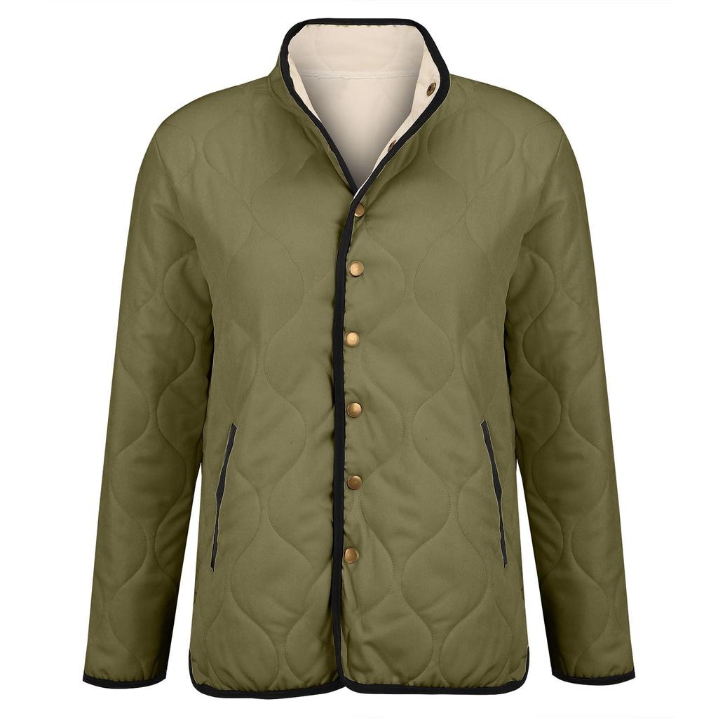 Damen Einfarbig Stehkragen Plissee Baumwolle Langarm Knopfleiste Jacke