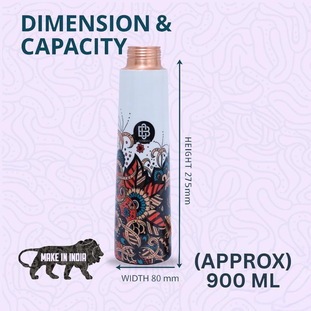 Pure Copper Floral Print Designer Water Bottle with Ayurvedic Benefits Rustproof & Leakproof Copper Bottle for Home School Gym Travel Bottle Drinkware