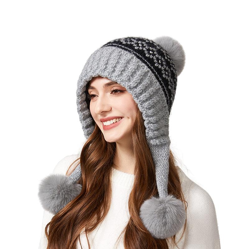 

Осенне-зимняя теплая шерстяная шапка женская с тремя помпонами для верховой езды с защитой ушей, толстая, морозостойкая шапка серый