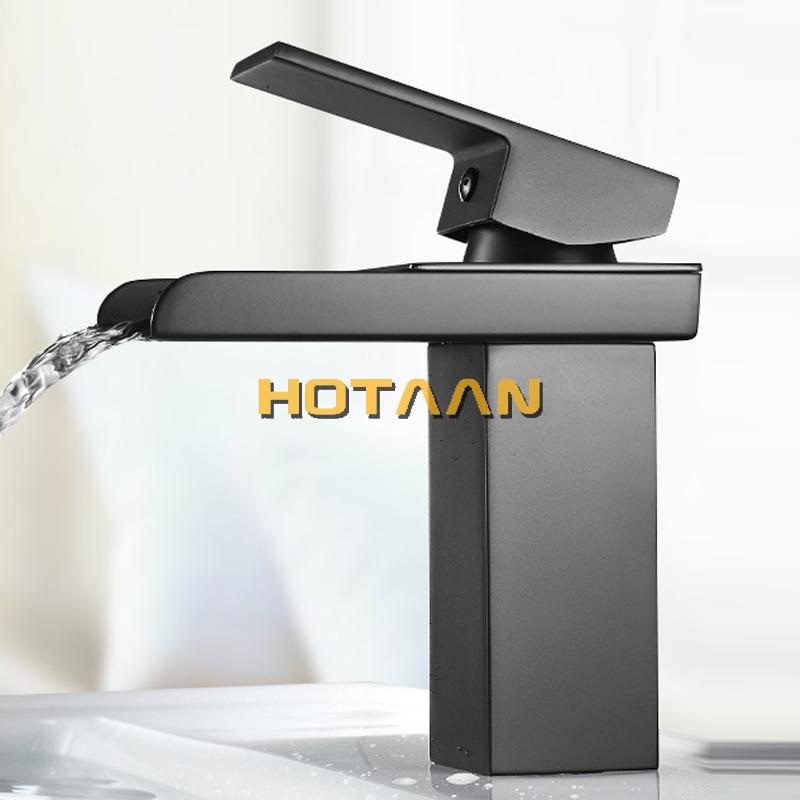 Black Plated Brass Waterfall Bathroom Basin Faucet Square Vanity Sink Mixer Hot & Cold Lavotory Tap Single Handle YT-5018-H