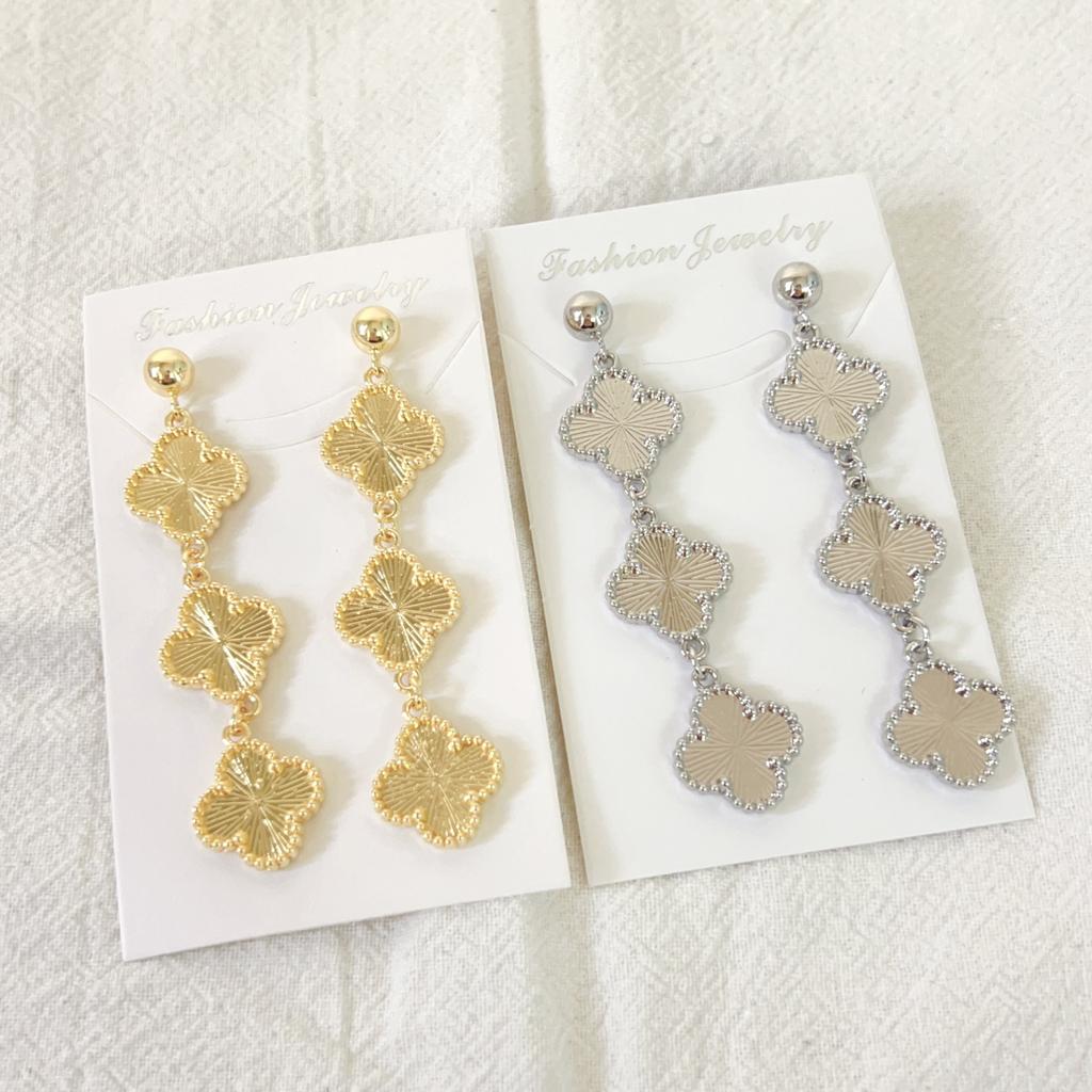 Stainless Steel Clover Tassel Double-sided Earrings with Three Flower Earrings and Earrings, 18K Gold Earrings