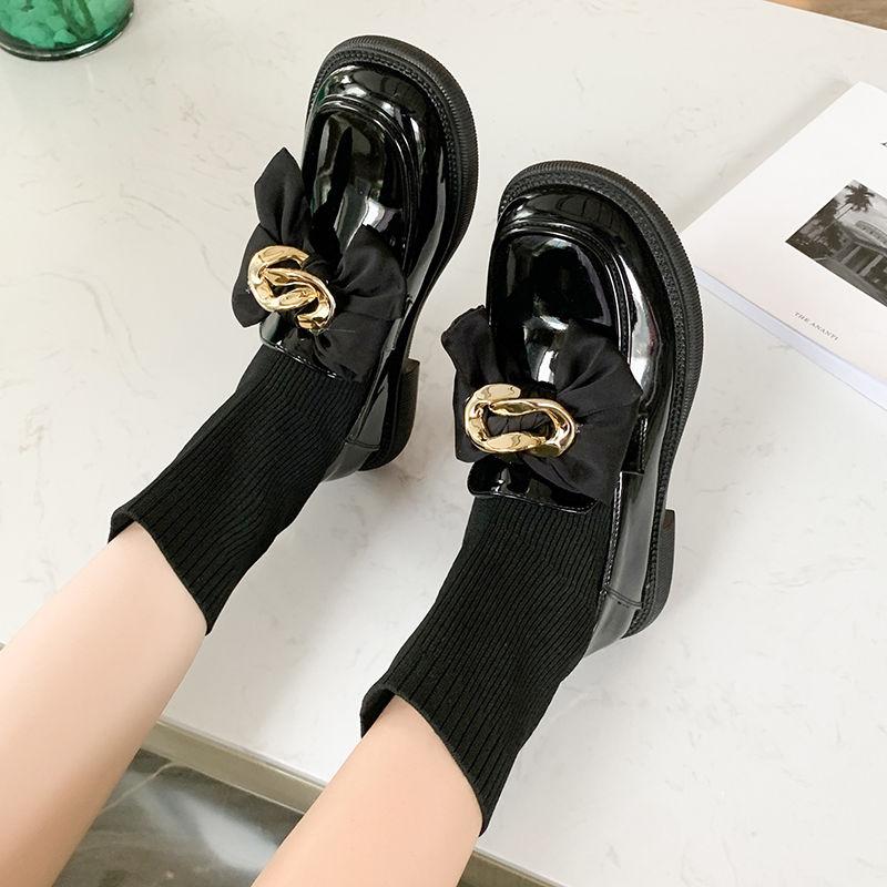 

2025 Новые женские вязаные носки-ботинки с бантом, черные ботильоны, осенне-зимняя мода, повседневные офисные лоферы для женщин 40