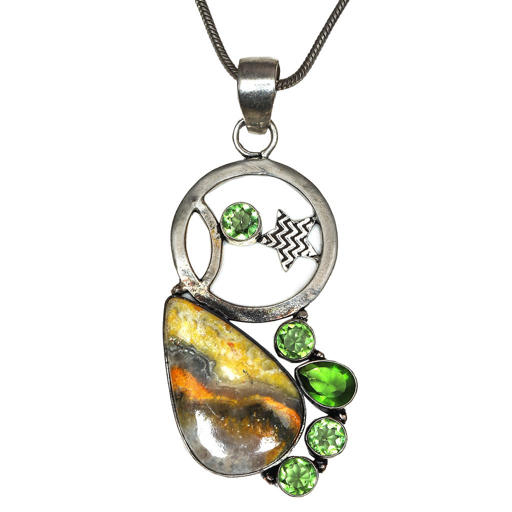 Bumble Bee Jasper Peridot Mother's Day Silver Jewelry Pendant 2.75"