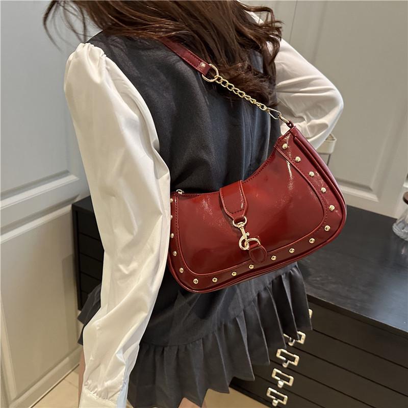 Fashion Solid Color Underarm Handbag Rivet Hook Small Square Bag
