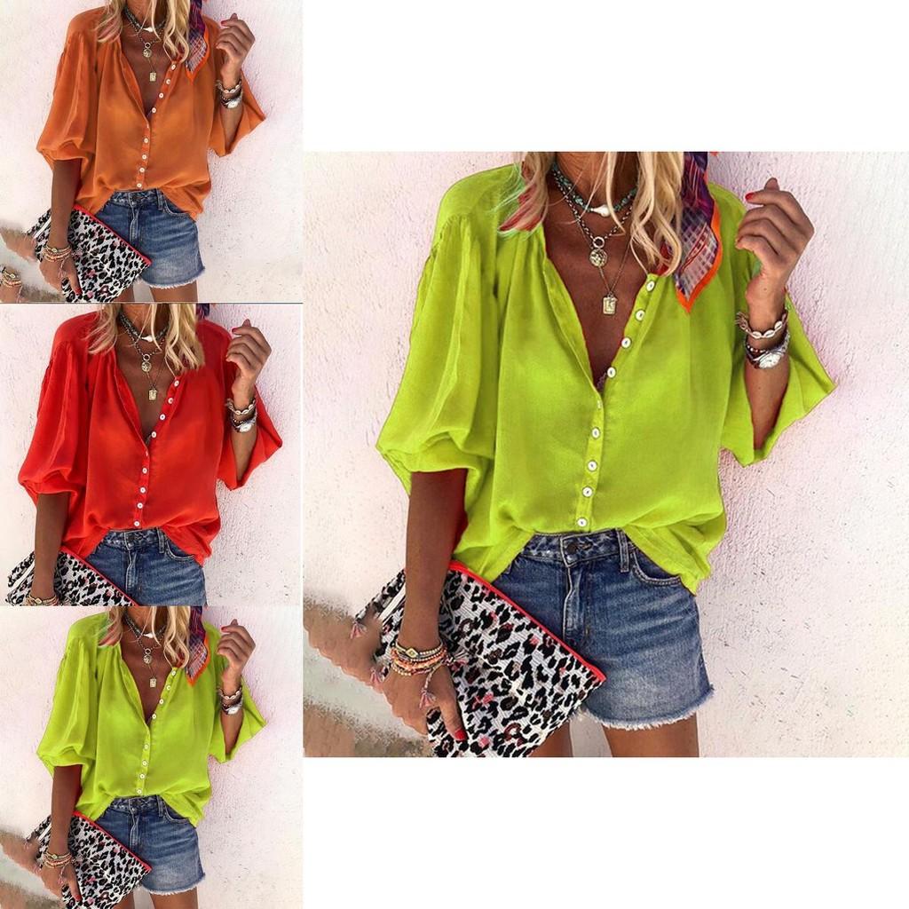 Stylish Women's 3/4 Sleeve Shirt Top Comfortable Loose Fit Button Down Blouse T-shirt