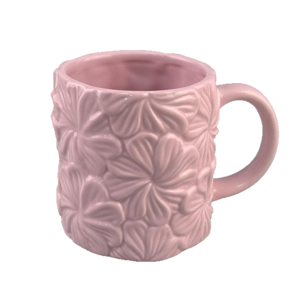 Creative, High-looking, Exquisite Tender Pink Embossed Flower Ceramic Mug for Girls, Springy Home Coffee Cup for Drinking Water