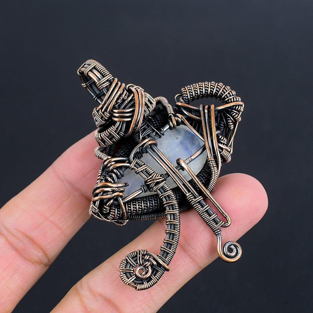 Rainbow Moonstone Pendant Gemstone Jewelry, 999 Copper Wire Wrapped Pendant, Handmade Beautiful Jewelry Pendant