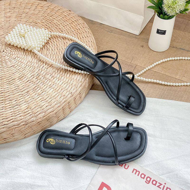 Summer new cross belt, toe clip, word belt sandals, female two wear fairy wind beach flat bottom cool slippers